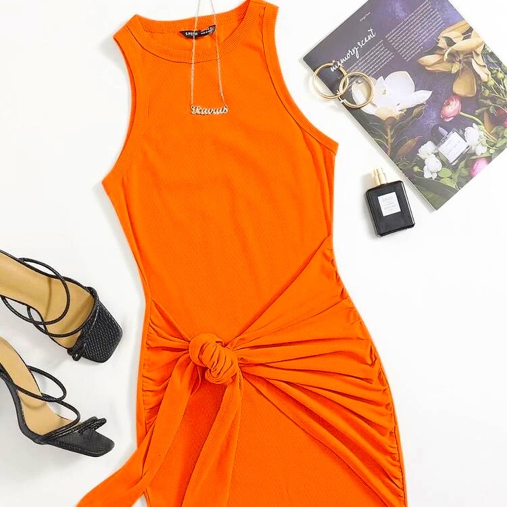 Orange Tie Front Bodycon Mini Dress